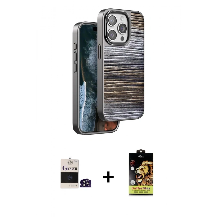 MARSİLYAN™- iPhone 14 Pro Max Kılıf Atlas Minimal Özel Seri - Siyah Buffer Cam Ekran Koruyucu + Bilvis Titan Kamera Lens - DNMR