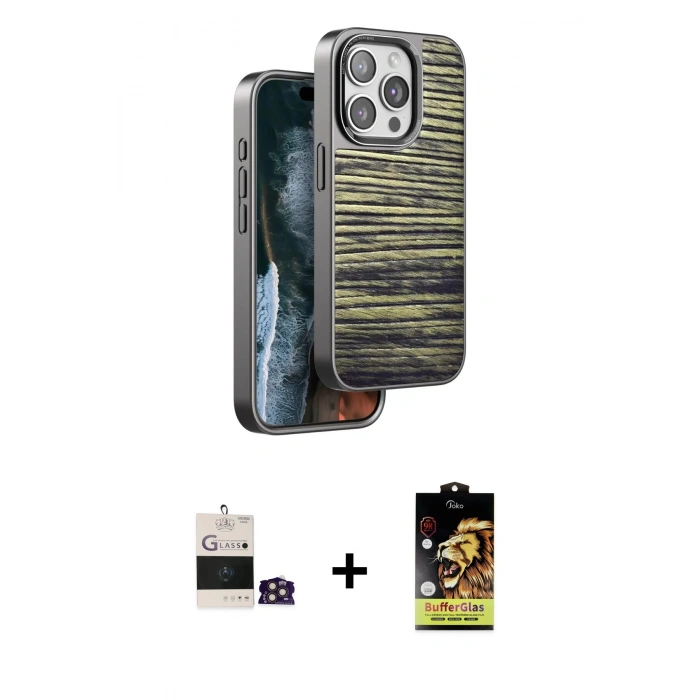 MARSİLYAN™- iPhone 14 Pro Max Kılıf Atlas Minimal Özel Seri - Siyah Buffer Cam Ekran Koruyucu + Gold Bilvis Titan Kamera Lens