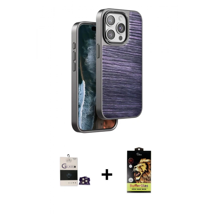 MARSİLYAN™- iPhone 14 Pro Max Kılıf Atlas Minimal Özel Seri - Siyah Buffer Cam Ekran Koruyucu + Gold Bilvis Titan Kamera Lens