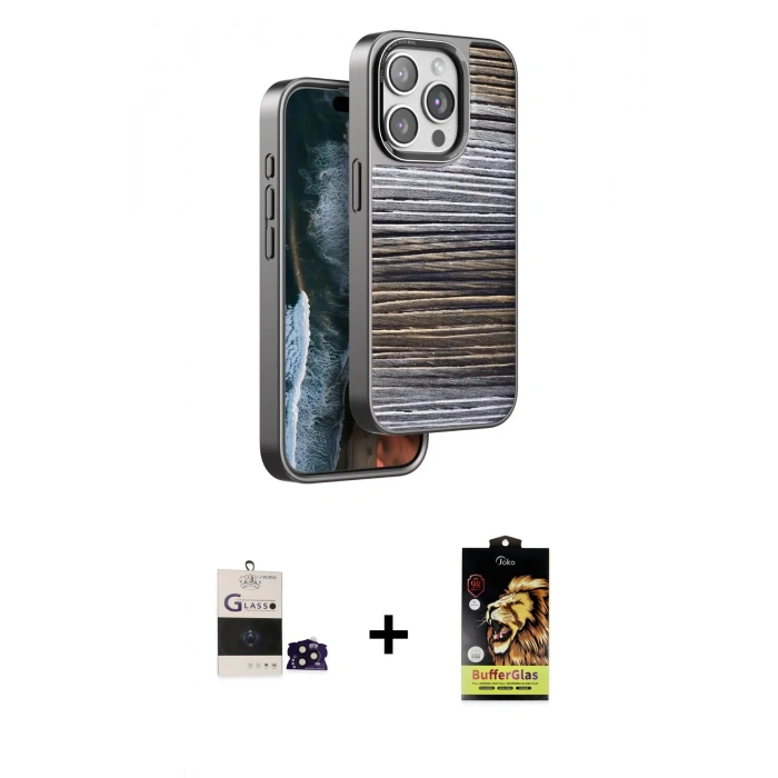 MARSİLYAN™- iPhone 14 Pro Max Kılıf Atlas Minimal Özel Seri - Siyah Buffer Cam Ekran Koruyucu + Bilvis Titan Kamera Lens - SH