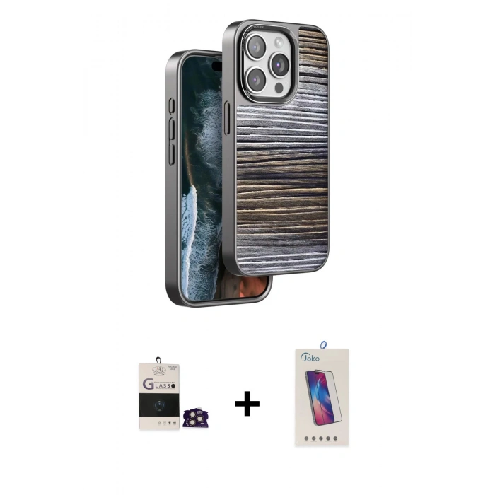 MARSİLYAN™- iPhone 14 Pro Max Kılıf Atlas Minimal Özel Seri - Siyah Joko 5D Cam + Gold Bilvis Titan Kamera Lens