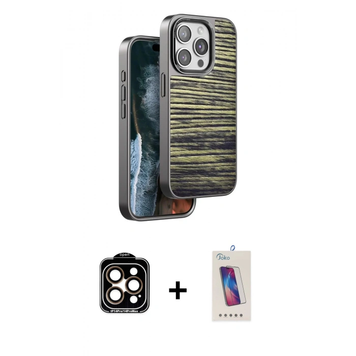 MARSİLYAN™- iPhone 14 Pro Max Kılıf Atlas Minimal Özel Seri - Siyah Joko 5D Cam + PVD Metal Kamera Lens - TU