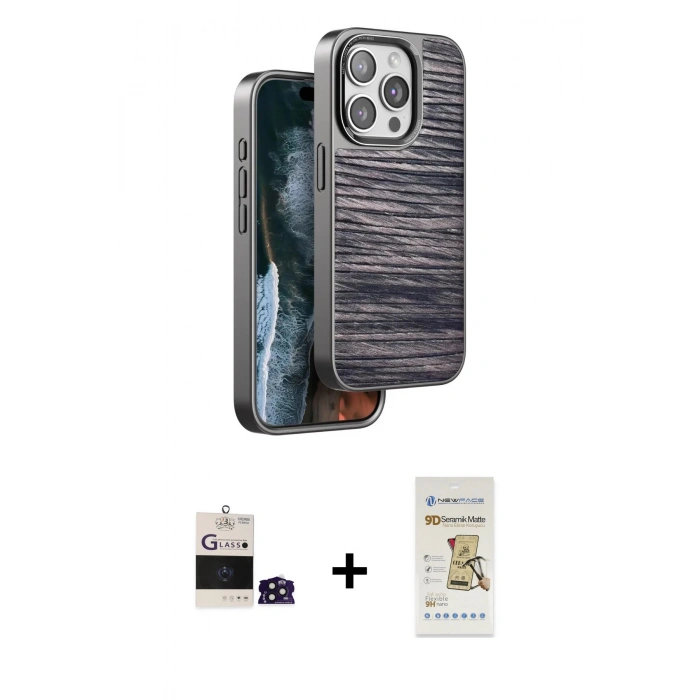 MARSİLYAN™- iPhone 14 Pro Max Kılıf Atlas Minimal Özel Seri - Siyah Mat Seramik Nano Ekran Koruyucu + Bilvis Titan Kamera Lens - DNMR