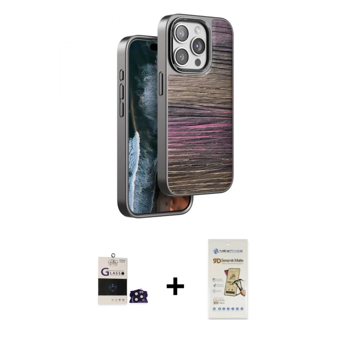 MARSİLYAN™- iPhone 14 Pro Max Kılıf Atlas Minimal Özel Seri - Siyah Mat Seramik Nano Ekran Koruyucu + Bilvis Titan Kamera Lens - DNMR