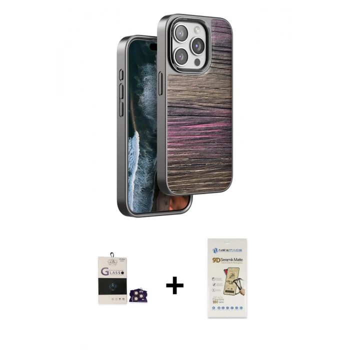 MARSİLYAN™- iPhone 14 Pro Max Kılıf Atlas Minimal Özel Seri - Siyah Mat Seramik Nano Ekran Koruyucu + Bilvis Titan Kamera Lens - GD