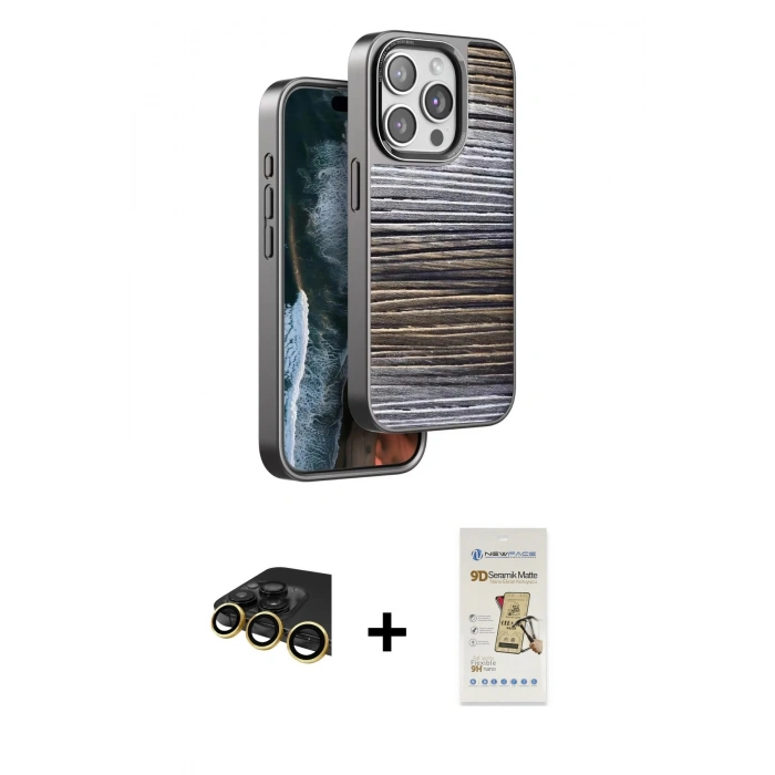 MARSİLYAN™- iPhone 14 Pro Max Kılıf Atlas Minimal Özel Seri - Siyah Mat Seramik Nano Ekran Koruyucu + Gold Raze Metal Kamera Lens