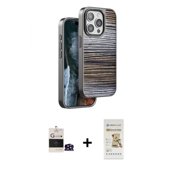 MARSİLYAN™- iPhone 14 Pro Max Kılıf Atlas Minimal Özel Seri - Siyah Mat Seramik Nano Ekran Koruyucu + Siyah Bilvis Titan Kamera Lens