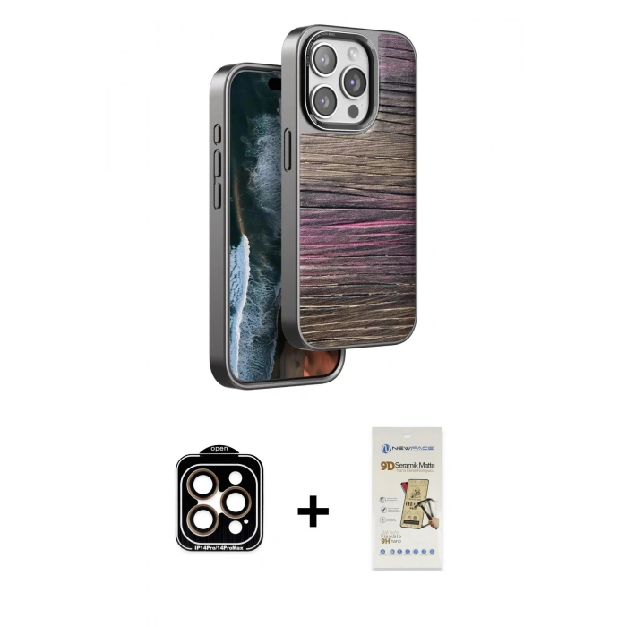 MARSİLYAN™- iPhone 14 Pro Max Kılıf Atlas Minimal Özel Seri - Siyah Mat Seramik Nano Ekran Koruyucu + Turuncu PVD Metal Kamera Lens