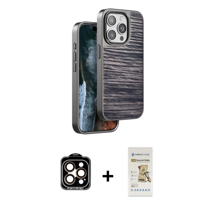 MARSİLYAN™- iPhone 14 Pro Max Kılıf Atlas Minimal Özel Seri - Siyah Mat Seramik Nano Ekran Koruyucu + Turuncu PVD Metal Kamera Lens