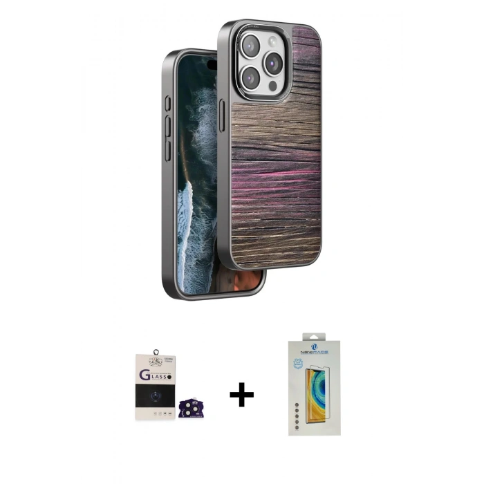 MARSİLYAN™- iPhone 14 Pro Max Kılıf Atlas Minimal Özel Seri - Siyah Polymer Nano Ekran Koruyucu + Derin Mor Bilvis Titan Kamera Lens