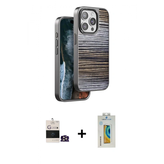 MARSİLYAN™- iPhone 14 Pro Max Kılıf Atlas Minimal Özel Seri - Siyah Polymer Nano Ekran Koruyucu + Gold Bilvis Titan Kamera Lens