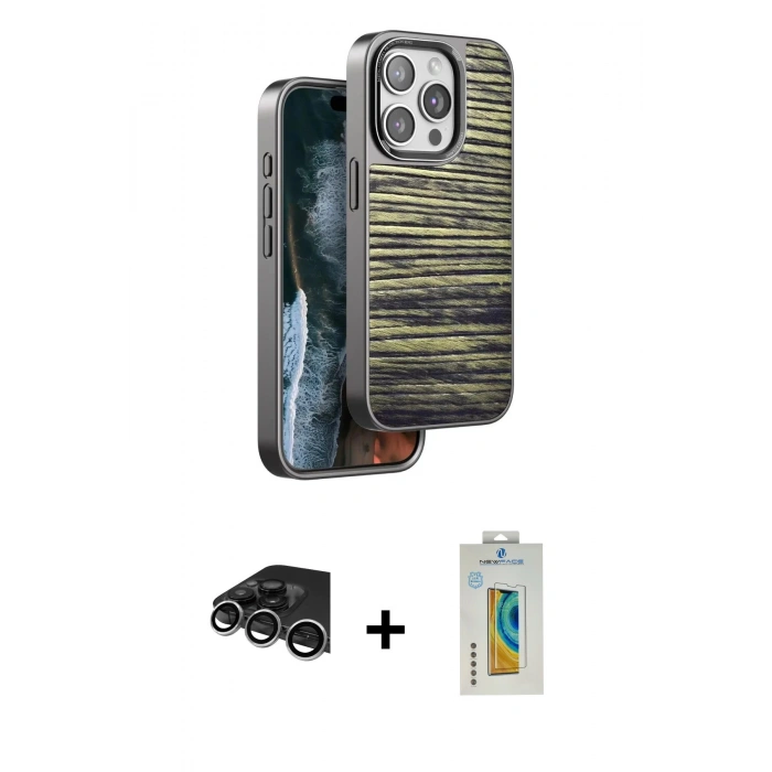 MARSİLYAN™- iPhone 14 Pro Max Kılıf Atlas Minimal Özel Seri - Siyah Polymer Nano Ekran Koruyucu + Raze Metal Kamera Lens - GS