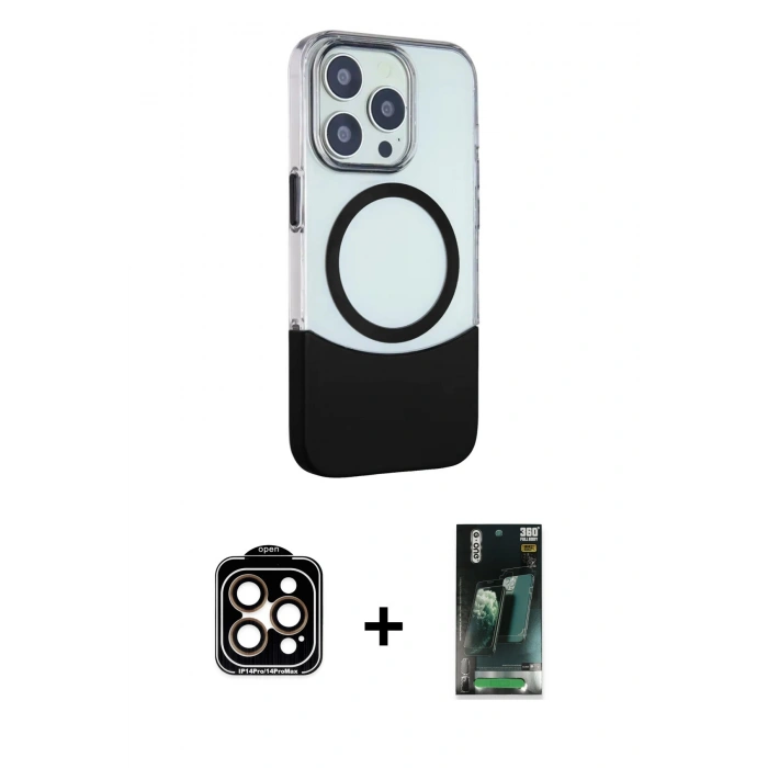 MARSİLYAN™- iPhone 14 Pro Max Kılıf Çekirdek Asil Özel Seri - Şeffaf 360 Full Body Arka Koruyucu + PVD Metal Kamera Lens - TU