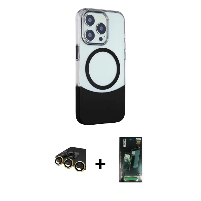 MARSİLYAN™- iPhone 14 Pro Max Kılıf Çekirdek Asil Özel Seri - Şeffaf 360 Full Body Arka Koruyucu + Raze Metal Kamera Lens - GD