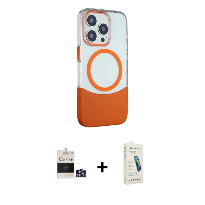 MARSİLYAN™- iPhone 14 Pro Max Kılıf Çekirdek Asil Özel Seri - Şeffaf Pasifik Cam Ekran Koruyucu + Gümüş Bilvis Titan Kamera Lens