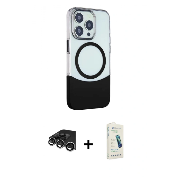 MARSİLYAN™- iPhone 14 Pro Max Kılıf Çekirdek Asil Özel Seri - Şeffaf Pasifik Cam Ekran Koruyucu + Raze Metal Kamera Lens - GS