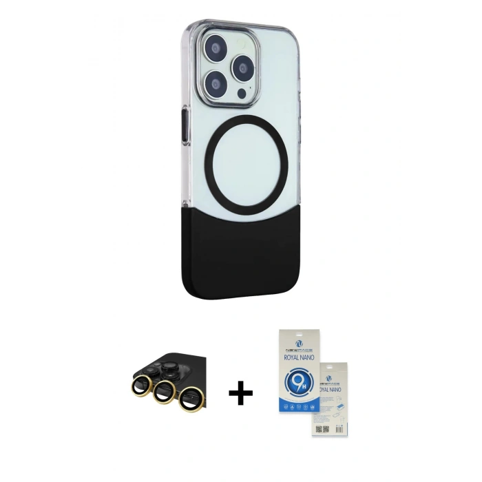MARSİLYAN™- iPhone 14 Pro Max Kılıf Çekirdek Asil Özel Seri - Şeffaf Royal Nano Ekran Koruyucu + Raze Metal Kamera Lens - GD