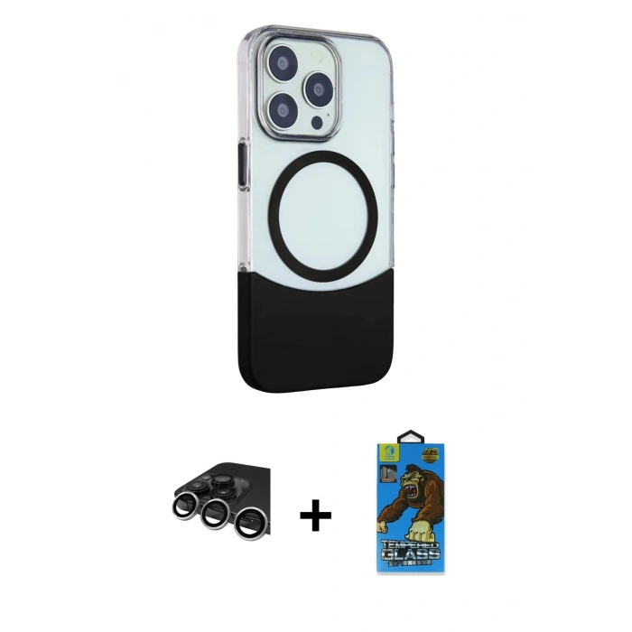 MARSİLYAN™- iPhone 14 Pro Max Kılıf Çekirdek Asil Özel Seri - Siyah 18D Cam Ekran Koruyucu + Raze Metal Kamera Lens - GS