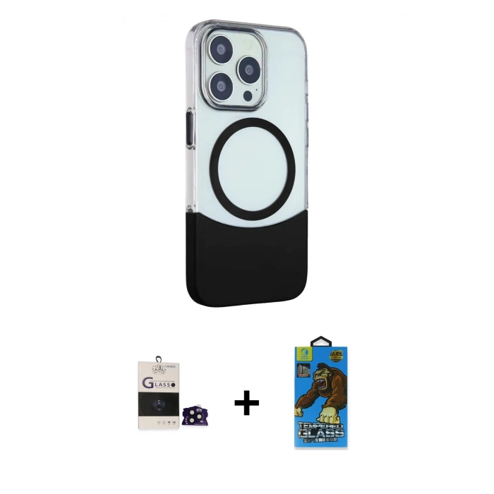 MARSİLYAN™- iPhone 14 Pro Max Kılıf Çekirdek Asil Özel Seri - Siyah 18D Cam Ekran Koruyucu + Siyah Bilvis Titan Kamera Lens