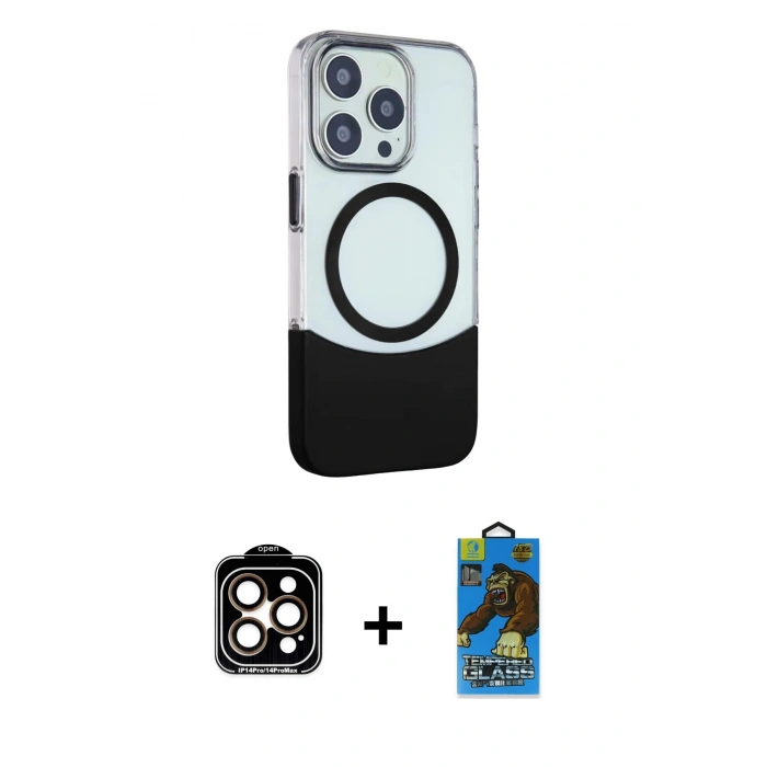 MARSİLYAN™- iPhone 14 Pro Max Kılıf Çekirdek Asil Özel Seri - Siyah 18D Cam Ekran Koruyucu + PVD Metal Kamera Lens - TU