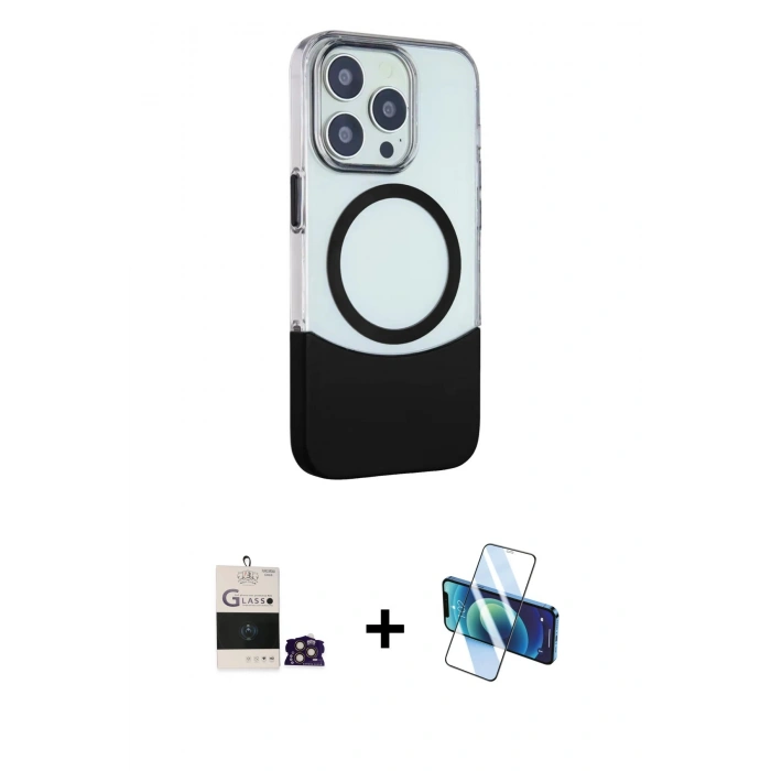 MARSİLYAN™- iPhone 14 Pro Max Kılıf Çekirdek Asil Özel Seri - Siyah 3D Antistatik Cam Ekran Koruyucu + Bilvis Titan Kamera Lens - GD