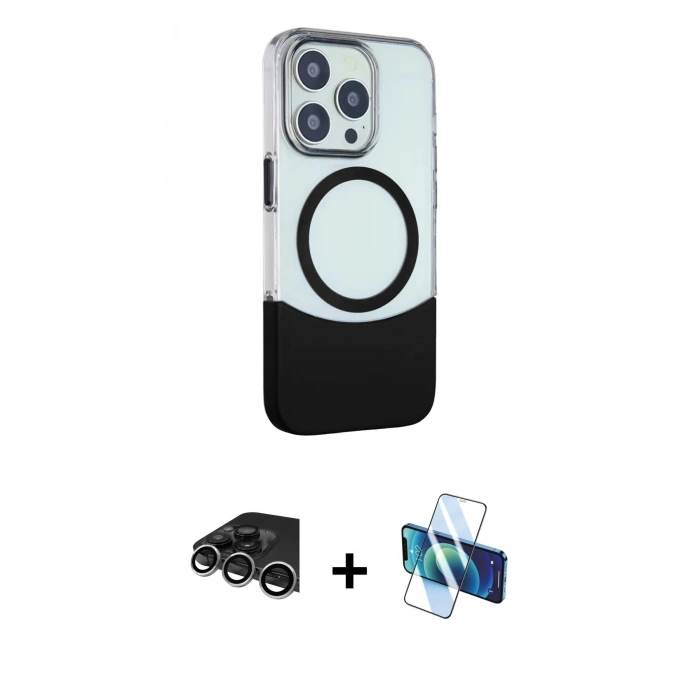 MARSİLYAN™- iPhone 14 Pro Max Kılıf Çekirdek Asil Özel Seri - Siyah 3D Antistatik Cam Ekran Koruyucu + Gümüş Raze Metal Kamera Lens