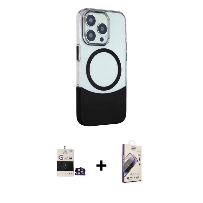 MARSİLYAN™- iPhone 14 Pro Max Kılıf Çekirdek Asil Özel Seri - Siyah Bilvis 3D Mat Cam Ekran Koruyucu + Bilvis Titan Kamera Lens - GD