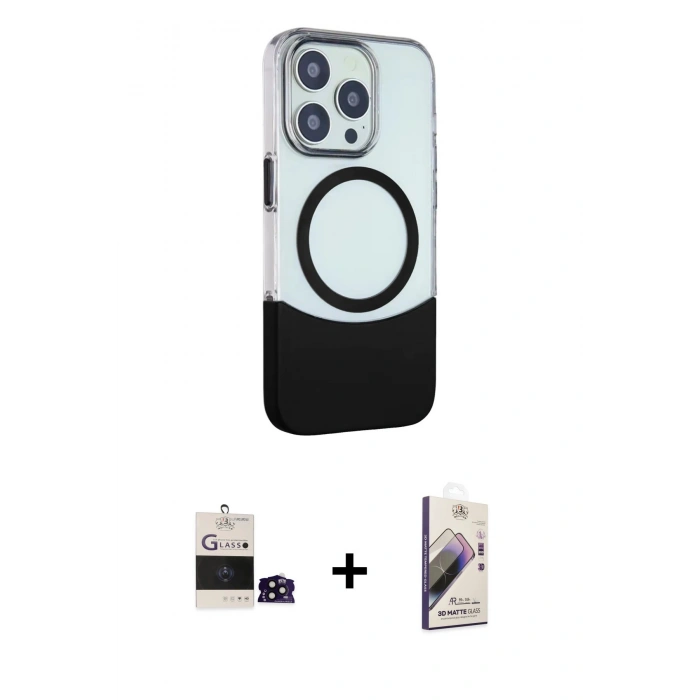 MARSİLYAN™- iPhone 14 Pro Max Kılıf Çekirdek Asil Özel Seri - Siyah Bilvis 3D Mat Cam Ekran Koruyucu + Bilvis Titan Kamera Lens - SH