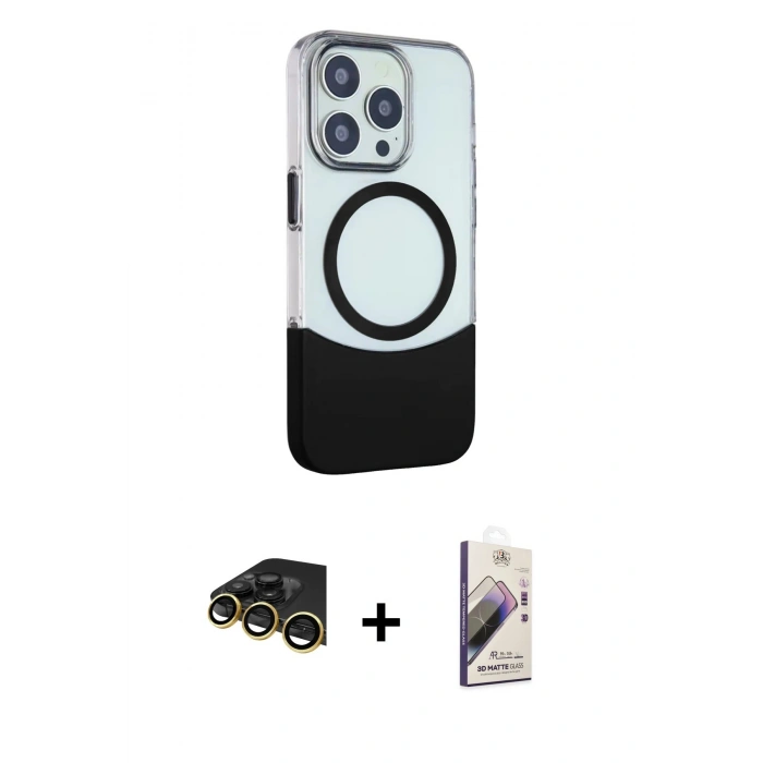 MARSİLYAN™- iPhone 14 Pro Max Kılıf Çekirdek Asil Özel Seri - Siyah Bilvis 3D Mat Cam Ekran Koruyucu + Raze Metal Kamera Lens - GD