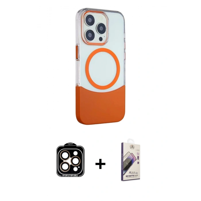 MARSİLYAN™- iPhone 14 Pro Max Kılıf Çekirdek Asil Özel Seri - Siyah Bilvis 3D Mat Cam Ekran Koruyucu + PVD Metal Kamera Lens - TU