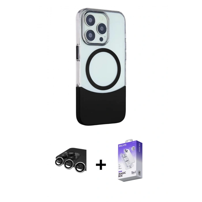MARSİLYAN™- iPhone 14 Pro Max Kılıf Çekirdek Asil Özel Seri - Siyah Bilvis 5in1 3D Magic Cam Ekran Koruyucu + Raze Metal Kamera Lens - GS