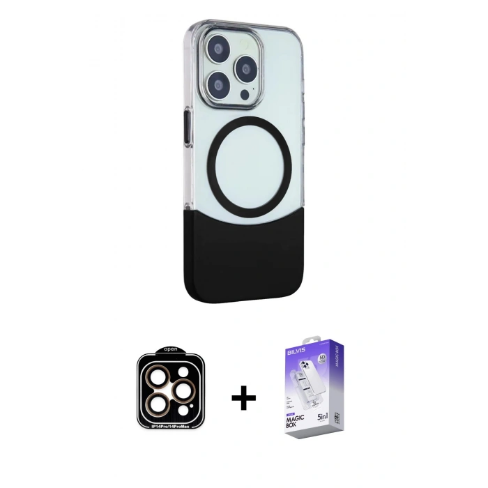 MARSİLYAN™- iPhone 14 Pro Max Kılıf Çekirdek Asil Özel Seri - Siyah Bilvis 5in1 3D Magic Cam Ekran Koruyucu + PVD Metal Kamera Lens - TU