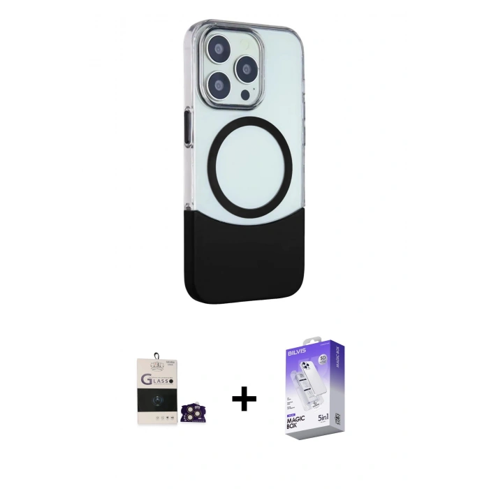 MARSİLYAN™- iPhone 14 Pro Max Kılıf Çekirdek Asil Özel Seri - Siyah Bilvis 5in1 3D Magic Cam Ekran Koruyucu + Bilvis Titan Kamera Lens - GD