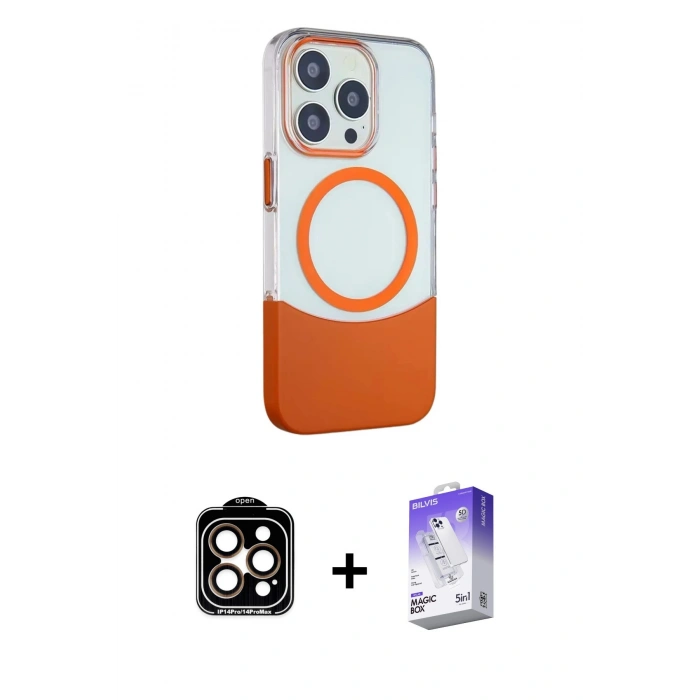 MARSİLYAN™- iPhone 14 Pro Max Kılıf Çekirdek Asil Özel Seri - Siyah Bilvis 5in1 3D Magic Cam Ekran Koruyucu + PVD Metal Kamera Lens - TU