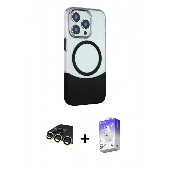 MARSİLYAN™- iPhone 14 Pro Max Kılıf Çekirdek Asil Özel Seri - Siyah Bilvis 5in1 3D Magic Cam Ekran Koruyucu + Raze Metal Kamera Lens - GD