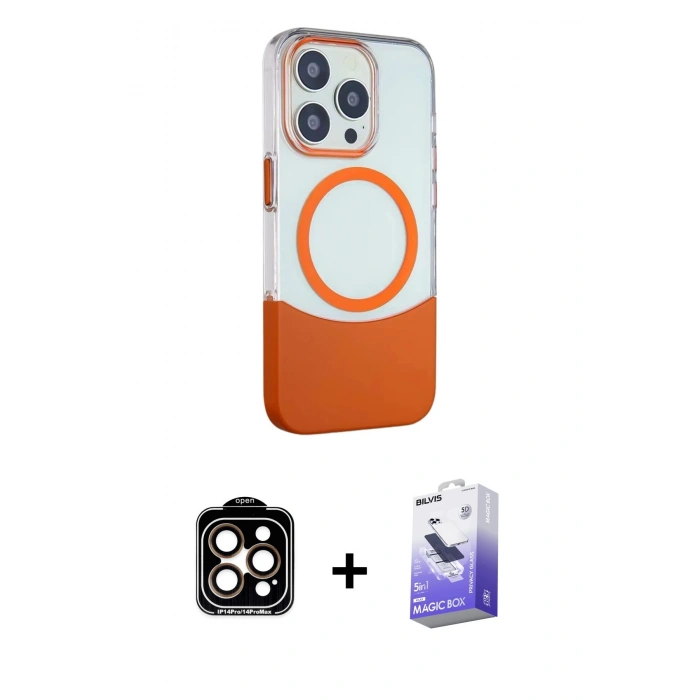 MARSİLYAN™- iPhone 14 Pro Max Kılıf Çekirdek Asil Özel Seri - Siyah Bilvis 5in1 5D Magic Hayalet Cam Ekran Koruyucu + PVD Metal Kamera Lens - TU