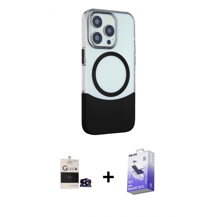 MARSİLYAN™- iPhone 14 Pro Max Kılıf Çekirdek Asil Özel Seri - Siyah Bilvis 5in1 5D Magic Hayalet Cam Ekran Koruyucu + Bilvis Titan Kamera Lens - SH