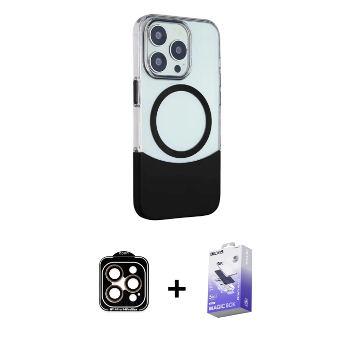 MARSİLYAN™- iPhone 14 Pro Max Kılıf Çekirdek Asil Özel Seri - Siyah Bilvis 5in1 5D Magic Hayalet Cam Ekran Koruyucu + PVD Metal Kamera Lens - TU