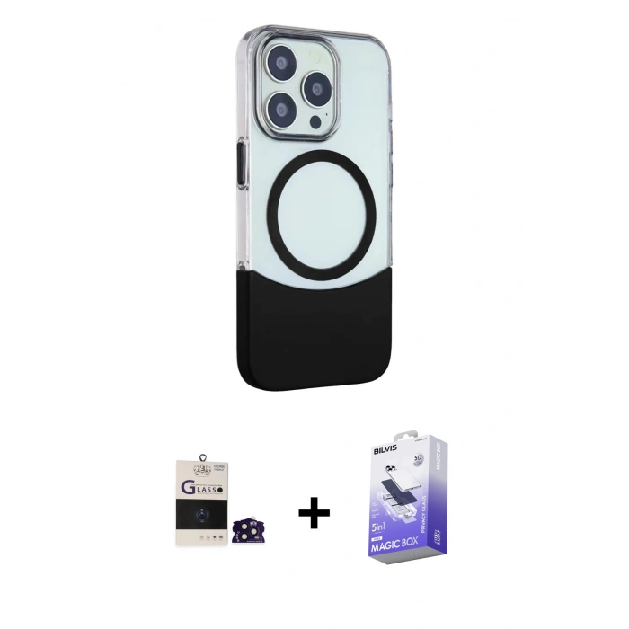 MARSİLYAN™- iPhone 14 Pro Max Kılıf Çekirdek Asil Özel Seri - Siyah Bilvis 5in1 5D Magic Hayalet Cam Ekran Koruyucu + Bilvis Titan Kamera Lens - DNMR