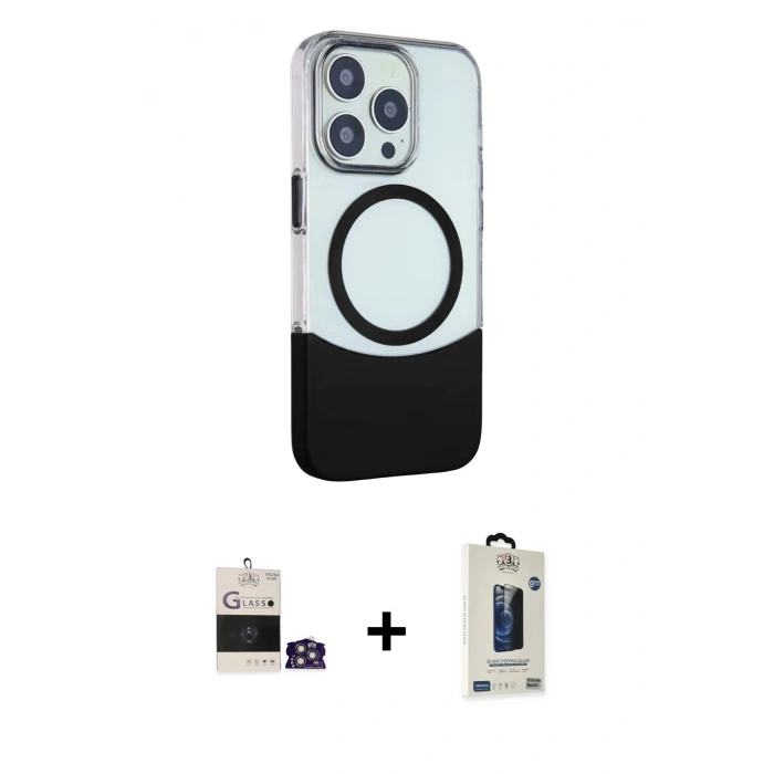 MARSİLYAN™- iPhone 14 Pro Max Kılıf Çekirdek Asil Özel Seri - Siyah Bilvis Hayalet Cam Ekran Koruyucu + Bilvis Titan Kamera Lens - GS