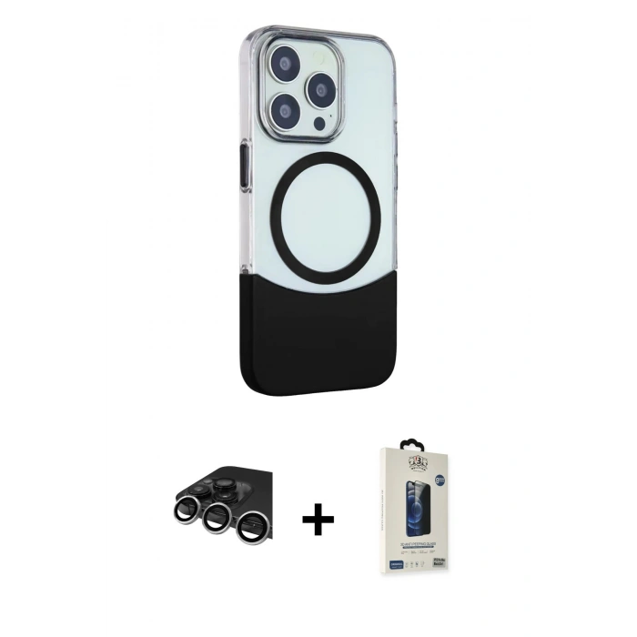 MARSİLYAN™- iPhone 14 Pro Max Kılıf Çekirdek Asil Özel Seri - Siyah Bilvis Hayalet Cam Ekran Koruyucu + Raze Metal Kamera Lens - GS