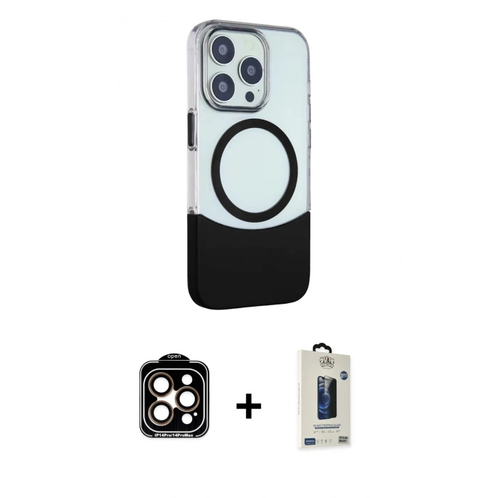 MARSİLYAN™- iPhone 14 Pro Max Kılıf Çekirdek Asil Özel Seri - Siyah Bilvis Hayalet Cam Ekran Koruyucu + PVD Metal Kamera Lens - TU