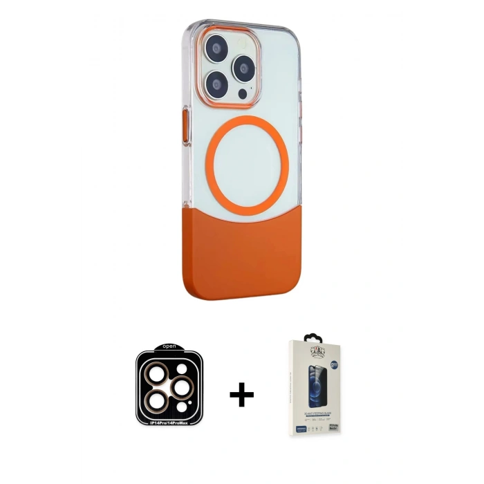 MARSİLYAN™- iPhone 14 Pro Max Kılıf Çekirdek Asil Özel Seri - Siyah Bilvis Hayalet Cam Ekran Koruyucu + PVD Metal Kamera Lens - TU