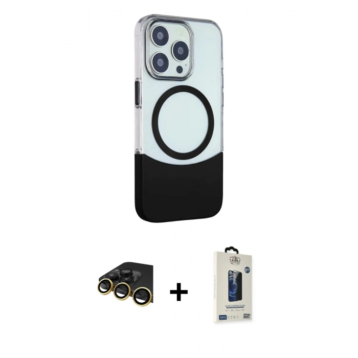 MARSİLYAN™- iPhone 14 Pro Max Kılıf Çekirdek Asil Özel Seri - Siyah Bilvis Hayalet Cam Ekran Koruyucu + Raze Metal Kamera Lens - GD