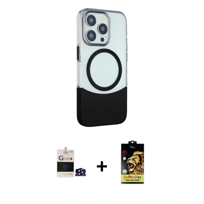 MARSİLYAN™- iPhone 14 Pro Max Kılıf Çekirdek Asil Özel Seri - Siyah Buffer Cam Ekran Koruyucu + Bilvis Titan Kamera Lens - DNMR