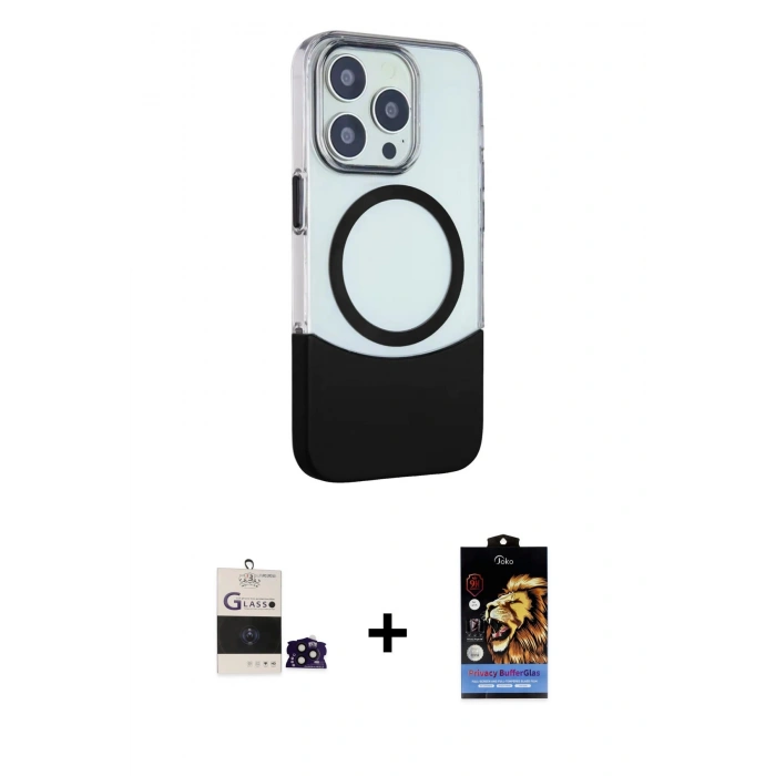 MARSİLYAN™- iPhone 14 Pro Max Kılıf Çekirdek Asil Özel Seri - Siyah Buffer Hayalet Cam Ekran Koruyucu + Bilvis Titan Kamera Lens - SH