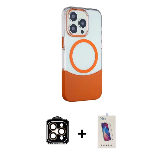 MARSİLYAN™- iPhone 14 Pro Max Kılıf Çekirdek Asil Özel Seri - Siyah Joko 5D Cam + Turuncu PVD Metal Kamera Lens