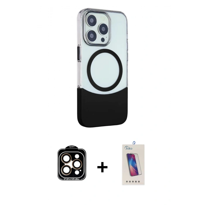 MARSİLYAN™- iPhone 14 Pro Max Kılıf Çekirdek Asil Özel Seri - Siyah Joko 5D Cam + Turuncu PVD Metal Kamera Lens