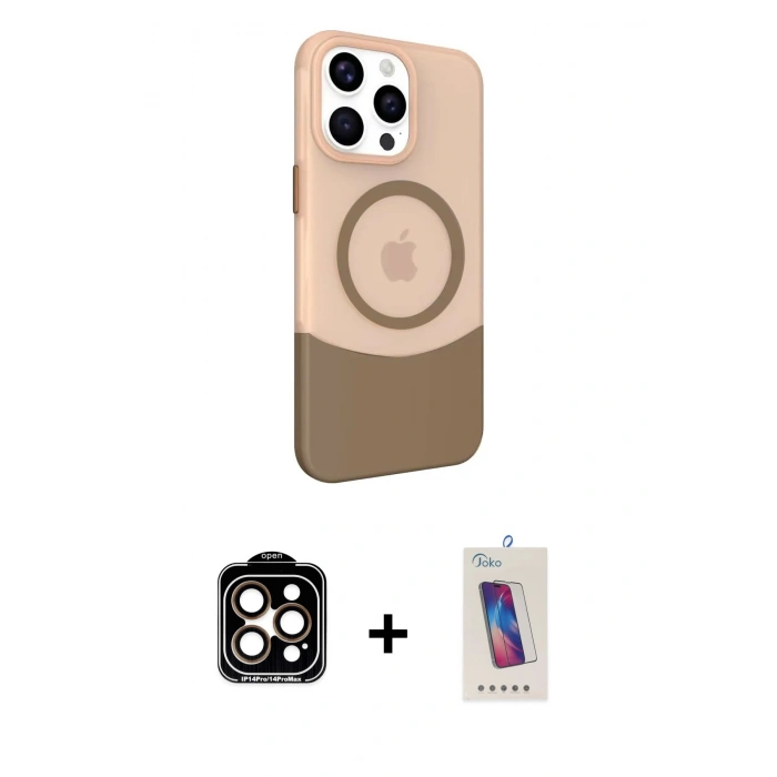 MARSİLYAN™- iPhone 14 Pro Max Kılıf Çekirdek Asil Özel Seri - Siyah Joko 5D Cam + Turuncu PVD Metal Kamera Lens