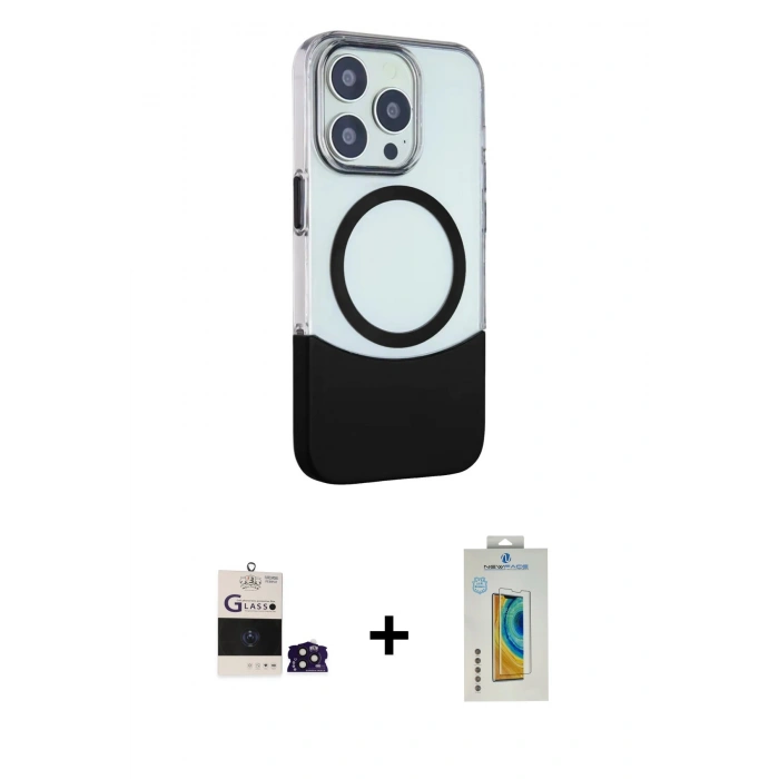 MARSİLYAN™- iPhone 14 Pro Max Kılıf Çekirdek Asil Özel Seri - Siyah Polymer Nano Ekran Koruyucu + Bilvis Titan Kamera Lens - DNMR
